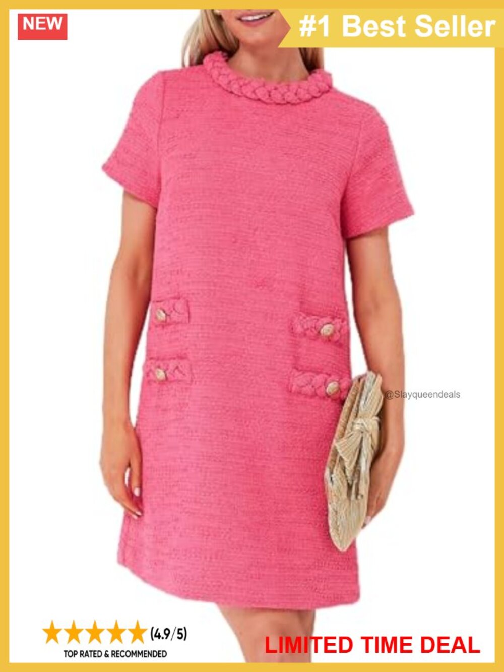 Tweed Jackie Mini Dress Short Sleeve Crew Neck Bodycon Button Business